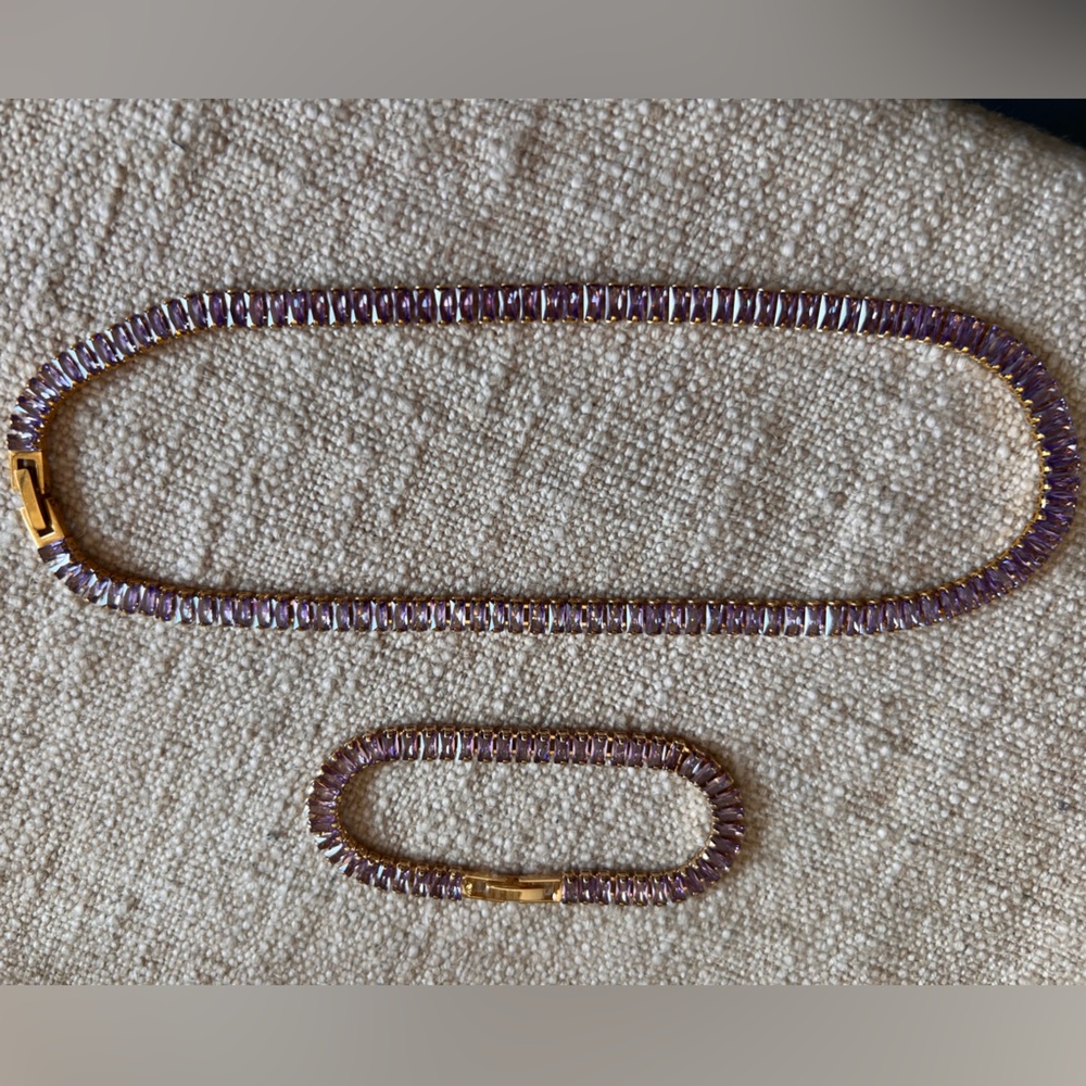 Gold-Tone Necklace & Bracelet Set with Violet Crystal Accents